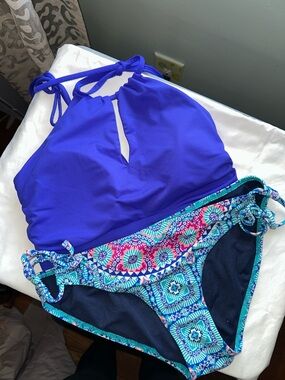 Athleta Royal Blue Halter Bikini Top with Turquoise Patterned Bikini Bottom